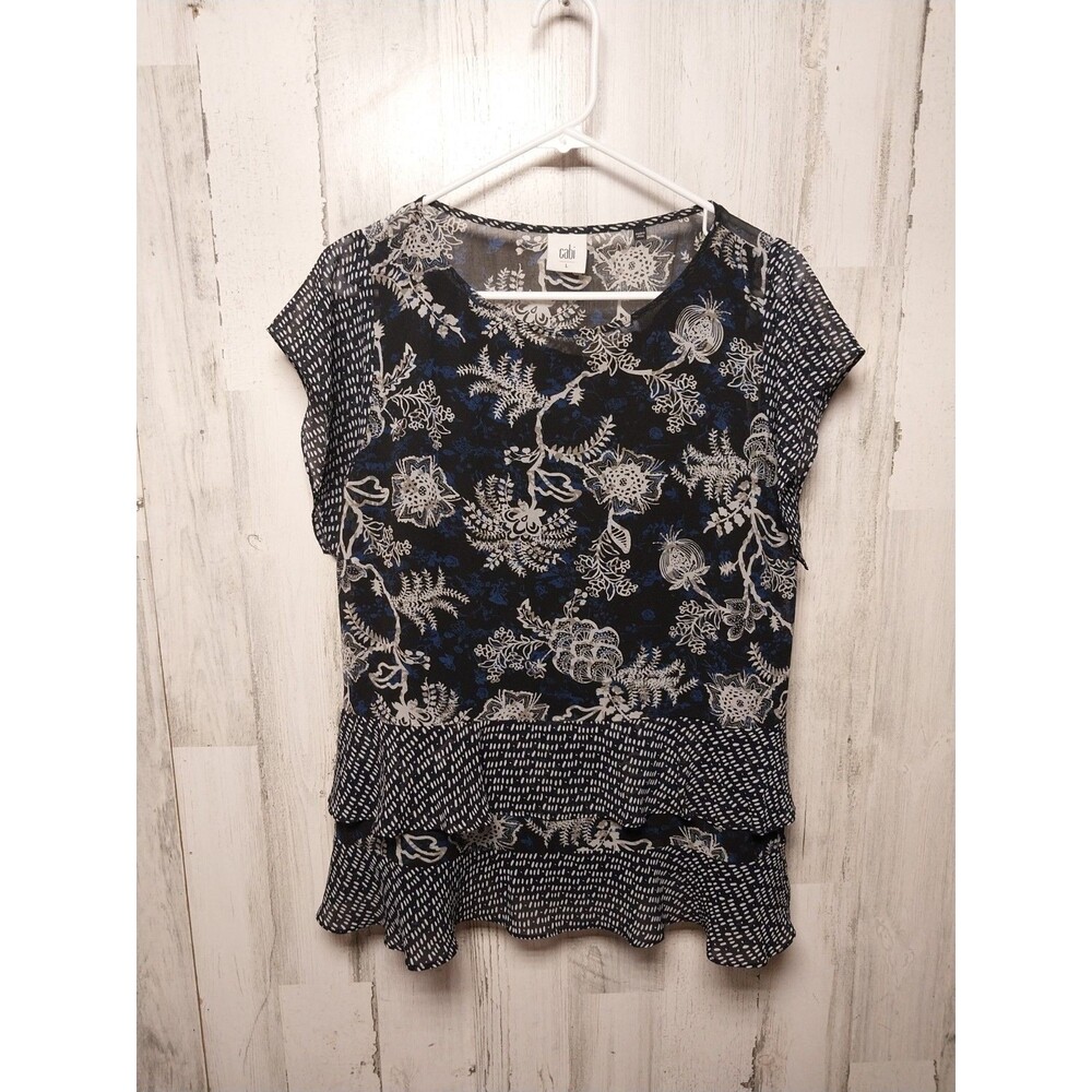 CAbi 5355 Navy Blue Black Floral Ruffle Hem Flutter size Large